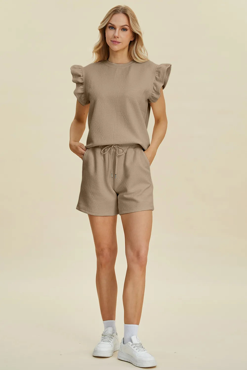 Textured Ruffle Sleeve Top & Shorts Set – Cute, Comfy & Stylish