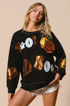 Halloween Sequin Pumpkin & Ghost Sweatshirt – Oversized Black Pullover