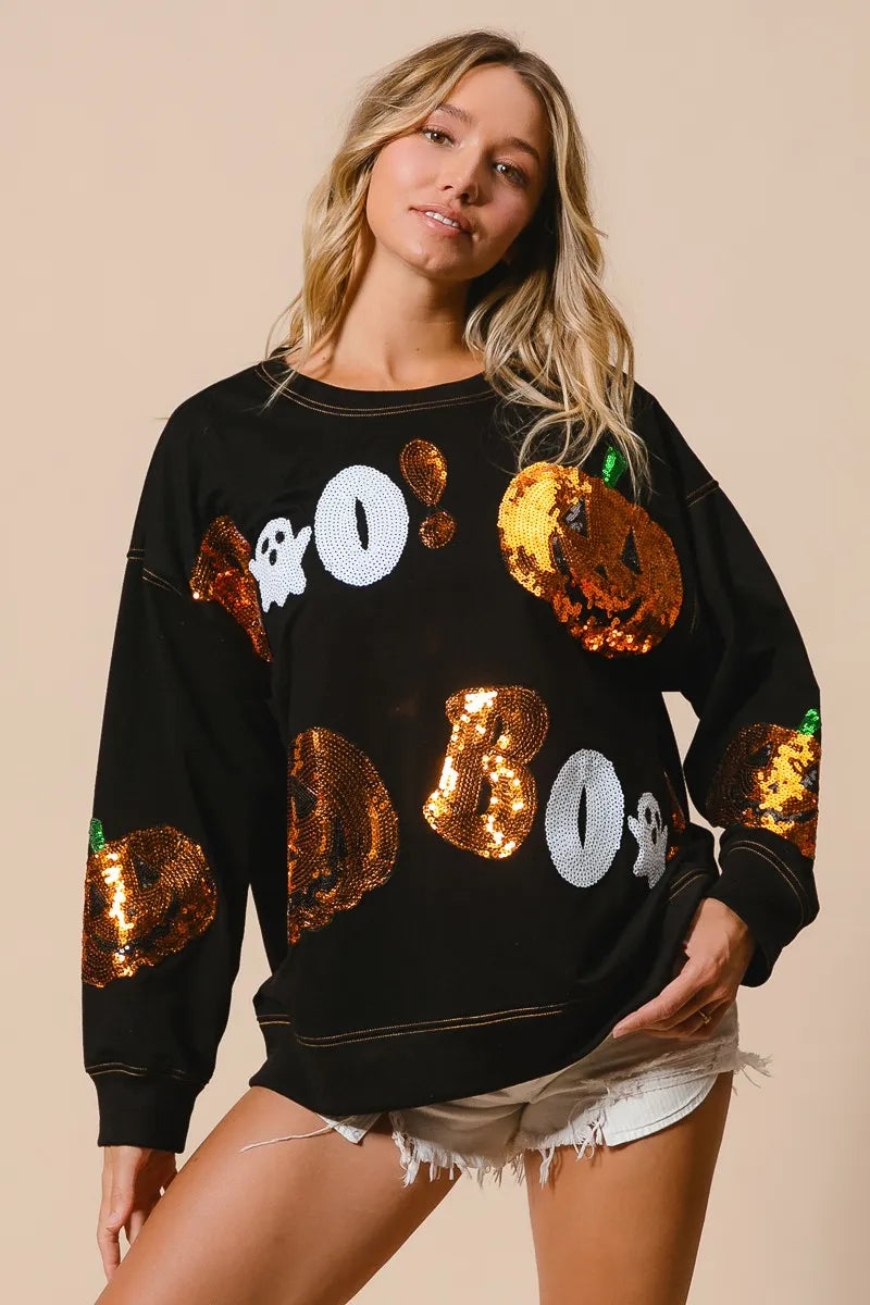 Halloween Sequin Pumpkin & Ghost Sweatshirt – Oversized Black Pullover