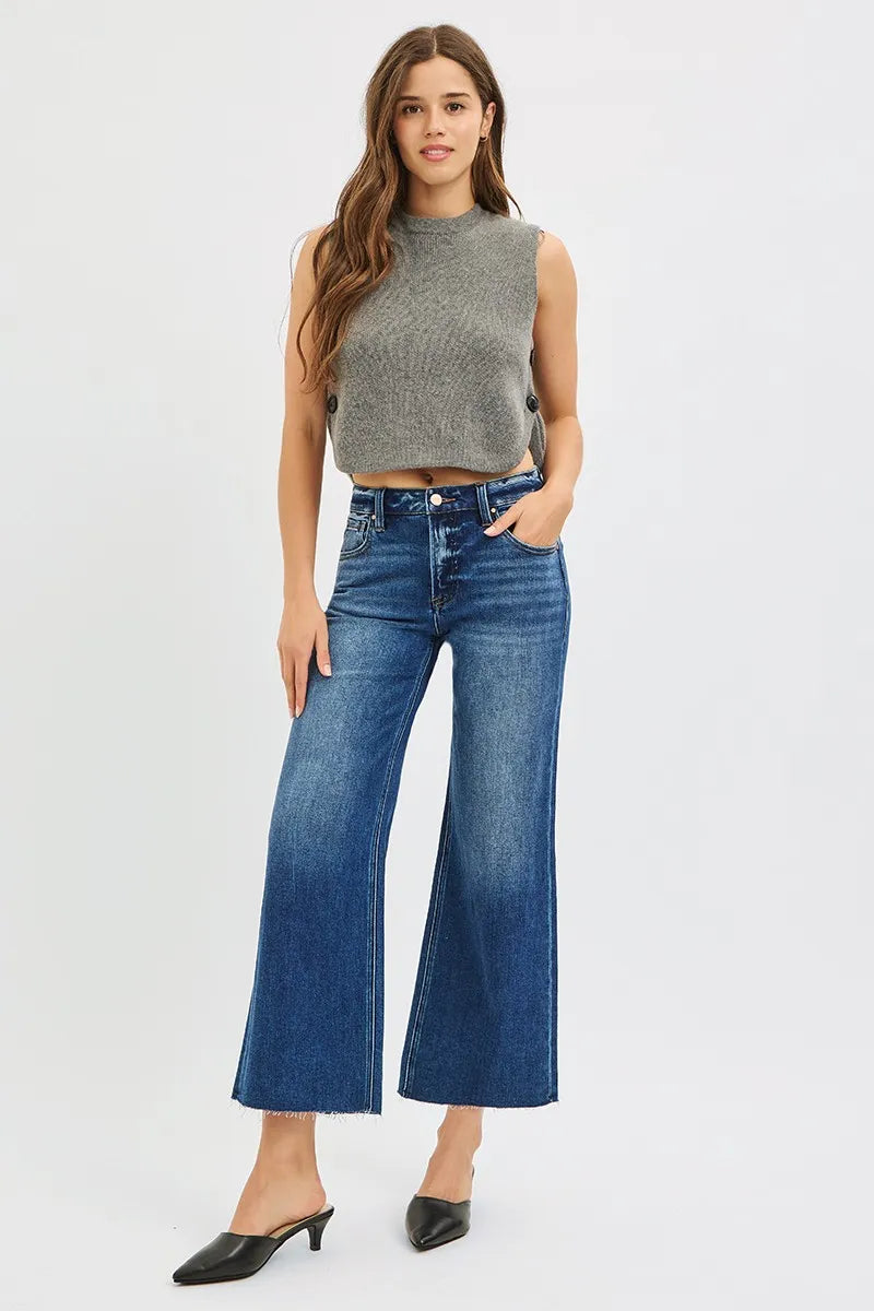 Mid Rise Crop Wide Leg Jeans with Raw Cut Hem | Casual Chic Denim