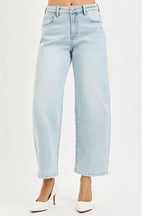 Light wash high-rise crop barrel jeans, front view with button fly and belt loops