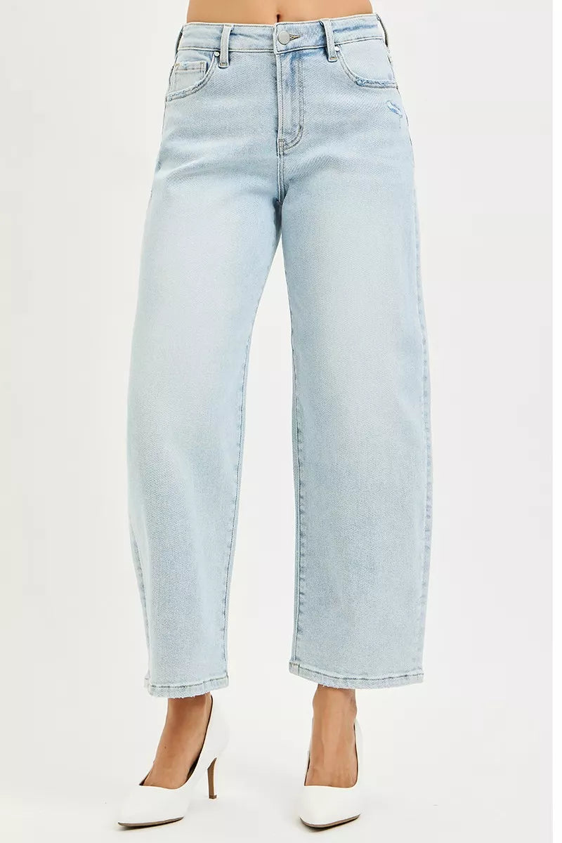 Light wash high-rise crop barrel jeans, front view with button fly and belt loops