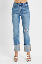 High Rise Ankle Straight Wide Cuffed Jeans | Modern Chic Denim