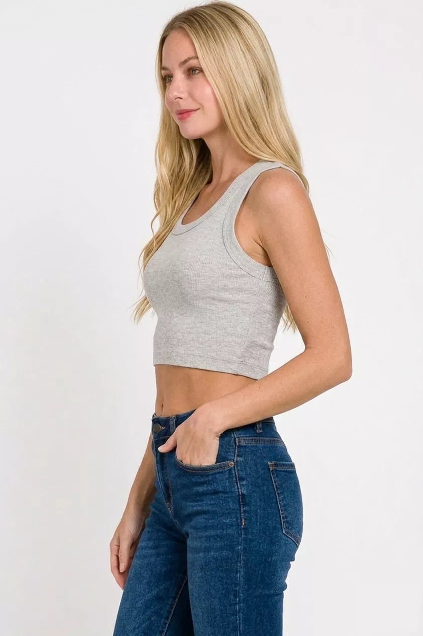 Grey ribbed scoop-neck cropped tank, sleeveless side profile