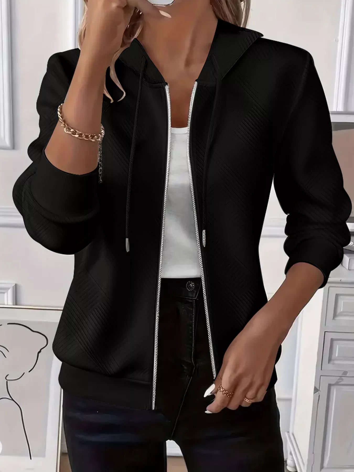 Texture Zip-Up Hoodie with Drawstring – Casual Everyday Layer