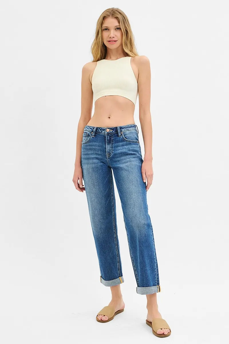 High-Waisted Straight Leg Jeans – Medium Wash Cuffed Denim