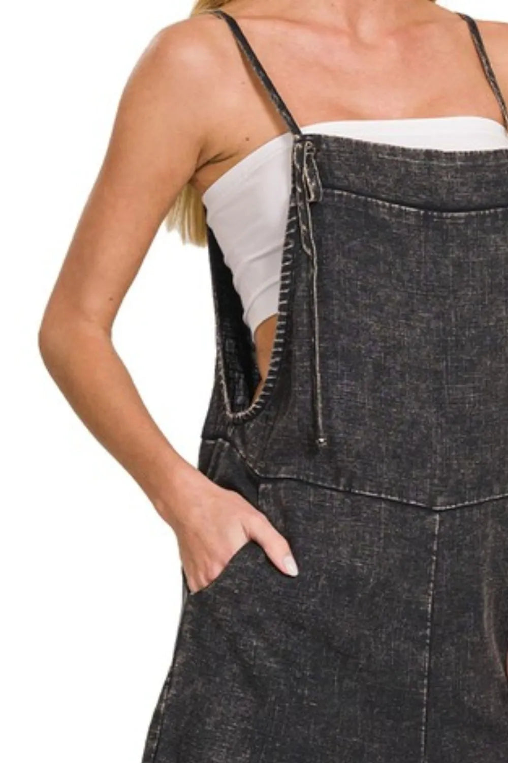 Denim Overall Romper – Adjustable Straps, Pockets & Vintage Wash