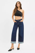 Risen Mid Rise Stretch Ankle Jeans with Wide Roll Cuffs