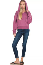Women’s wine fleece half-zip hoodie with hood and kangaroo pocket, long sleeves