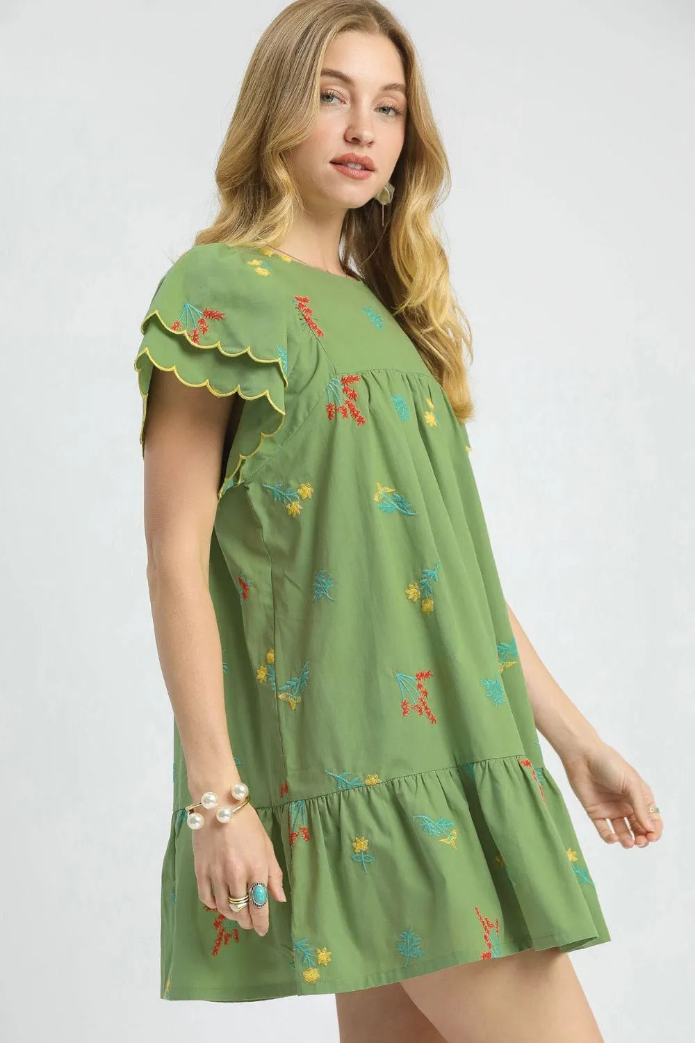 Embroidered Sage Green Mini Dress Tropical-Inspired Resort Style