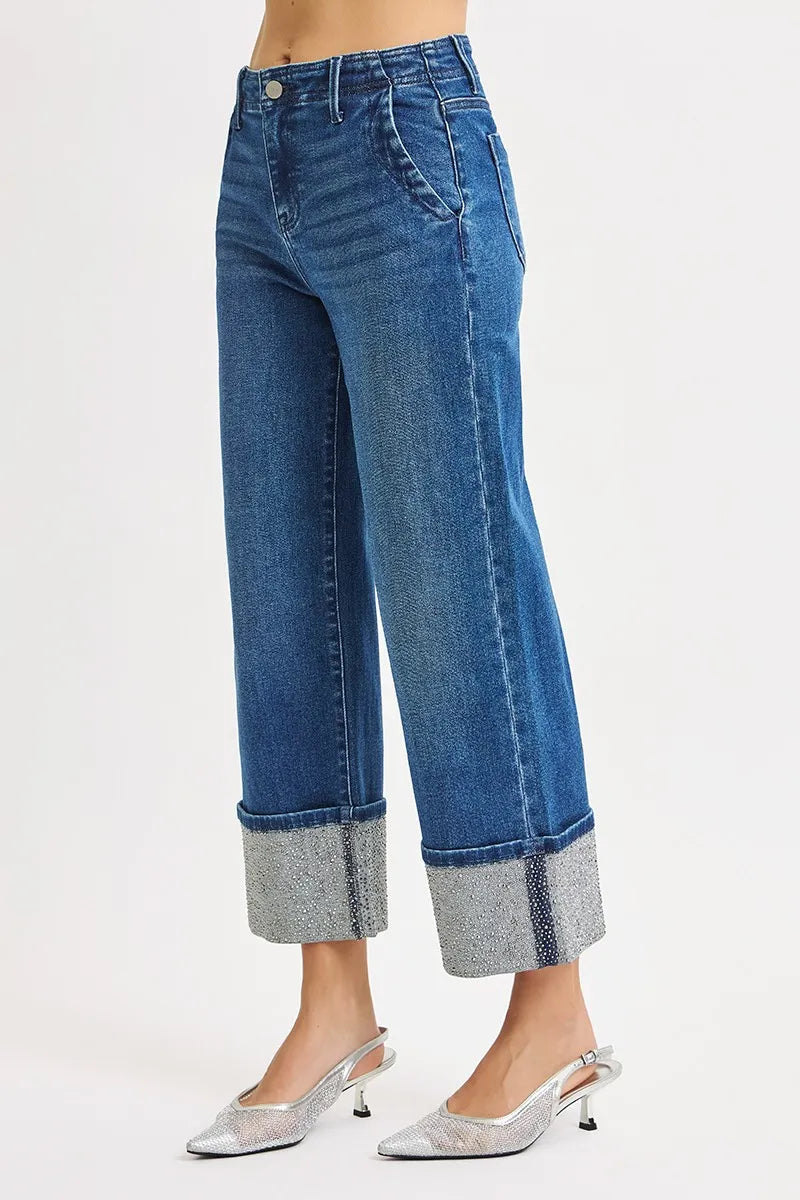High Rise Ankle Rhinestone Cuffed Jeans – Trendy Cropped Denim
