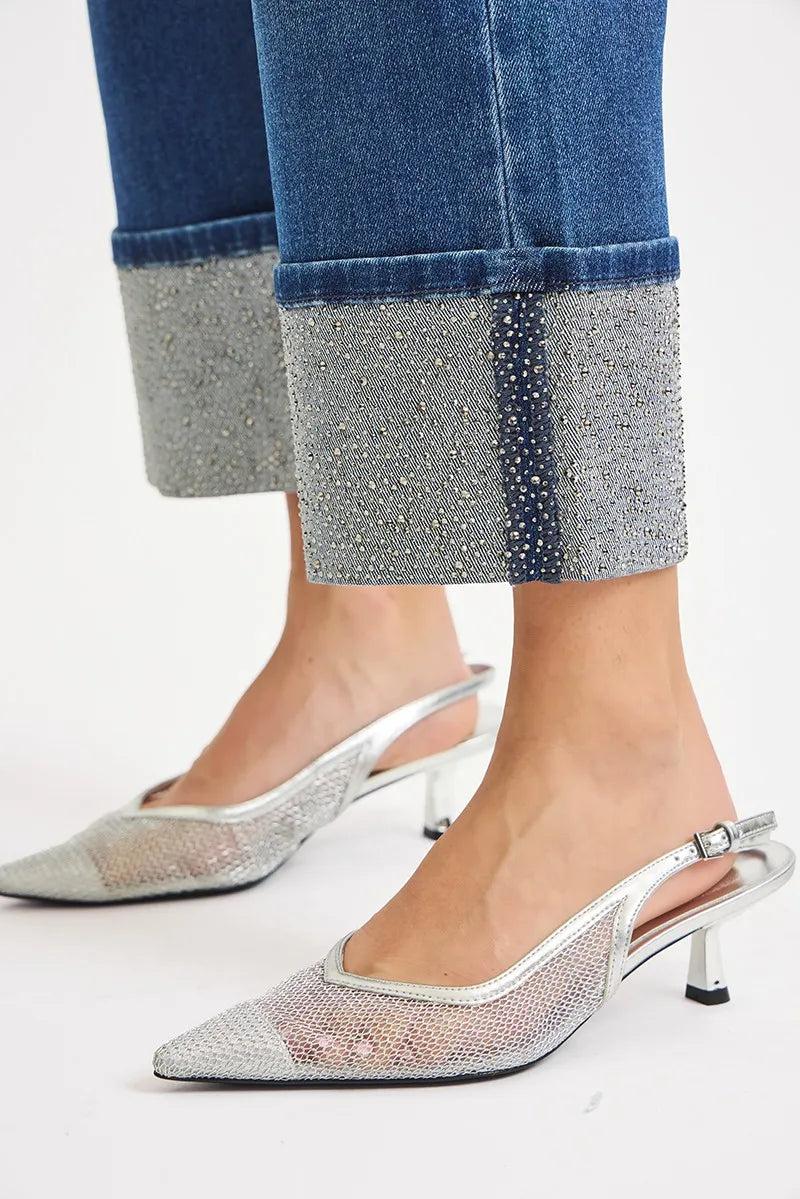 High Rise Ankle Rhinestone Cuffed Jeans – Trendy Cropped Denim