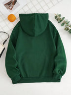 Deep green hoodie from the back with drawstring hood and kangaroo pocket.