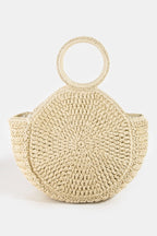 Straw braided circle handle tote bag, light ivory color, round medallion weave