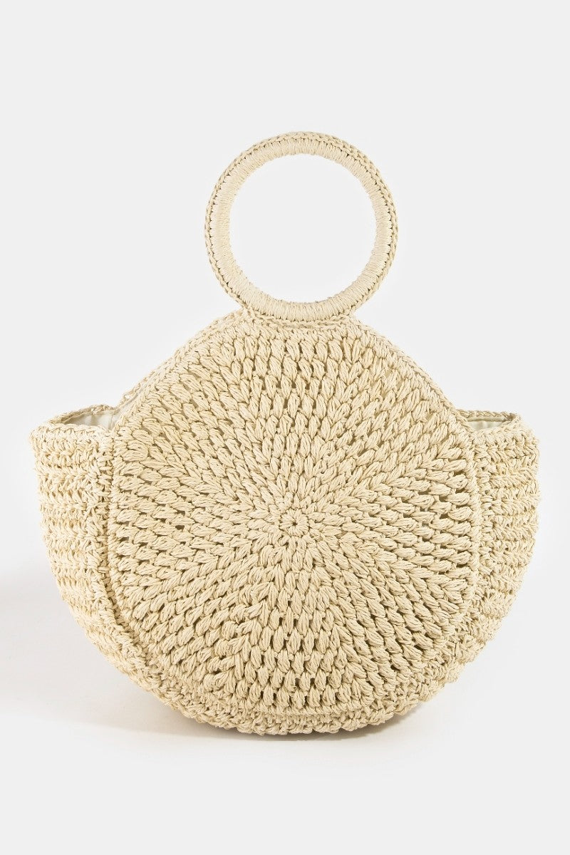 Straw braided circle handle tote bag, light ivory color, round medallion weave