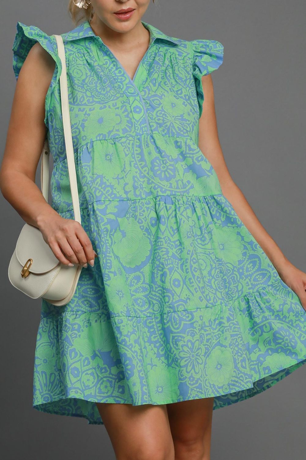 Umgee Printed Ruffle Cap Sleeve Babydoll Dress