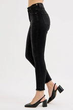 High-Waisted Black Skinny Jeans – Raw Hem Stretch Denim