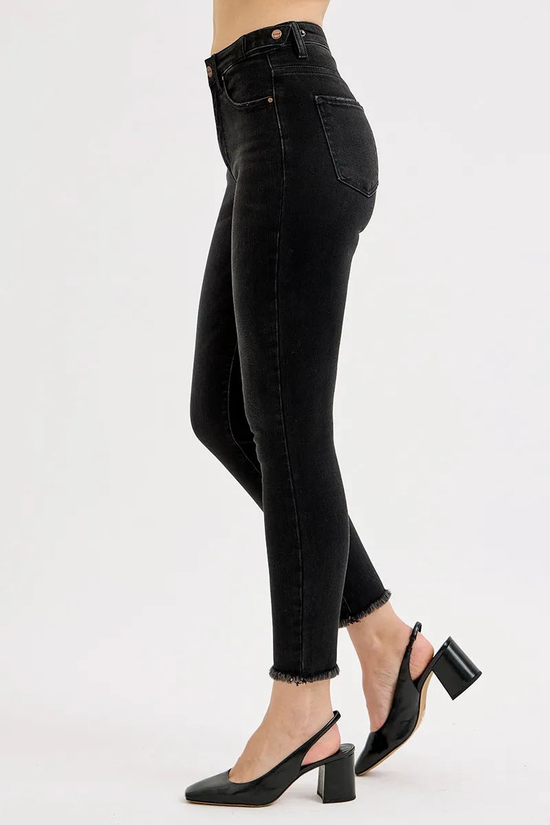 High-Waisted Black Skinny Jeans – Raw Hem Stretch Denim