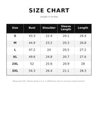 Zip-neck sweatshirt size chart: bust, shoulder, sleeve length, and length in inches