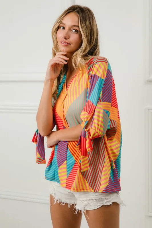 Geometric Print V-Neck Blouse – Colorful, Lightweight & Feminine