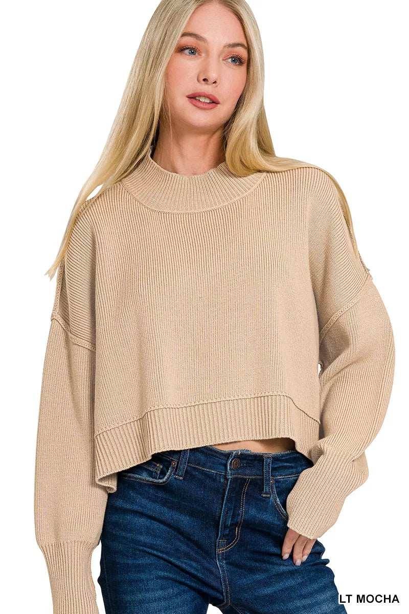 Women’s light mocha cropped knit sweater with mock neck, ribbed cuffs, side slits