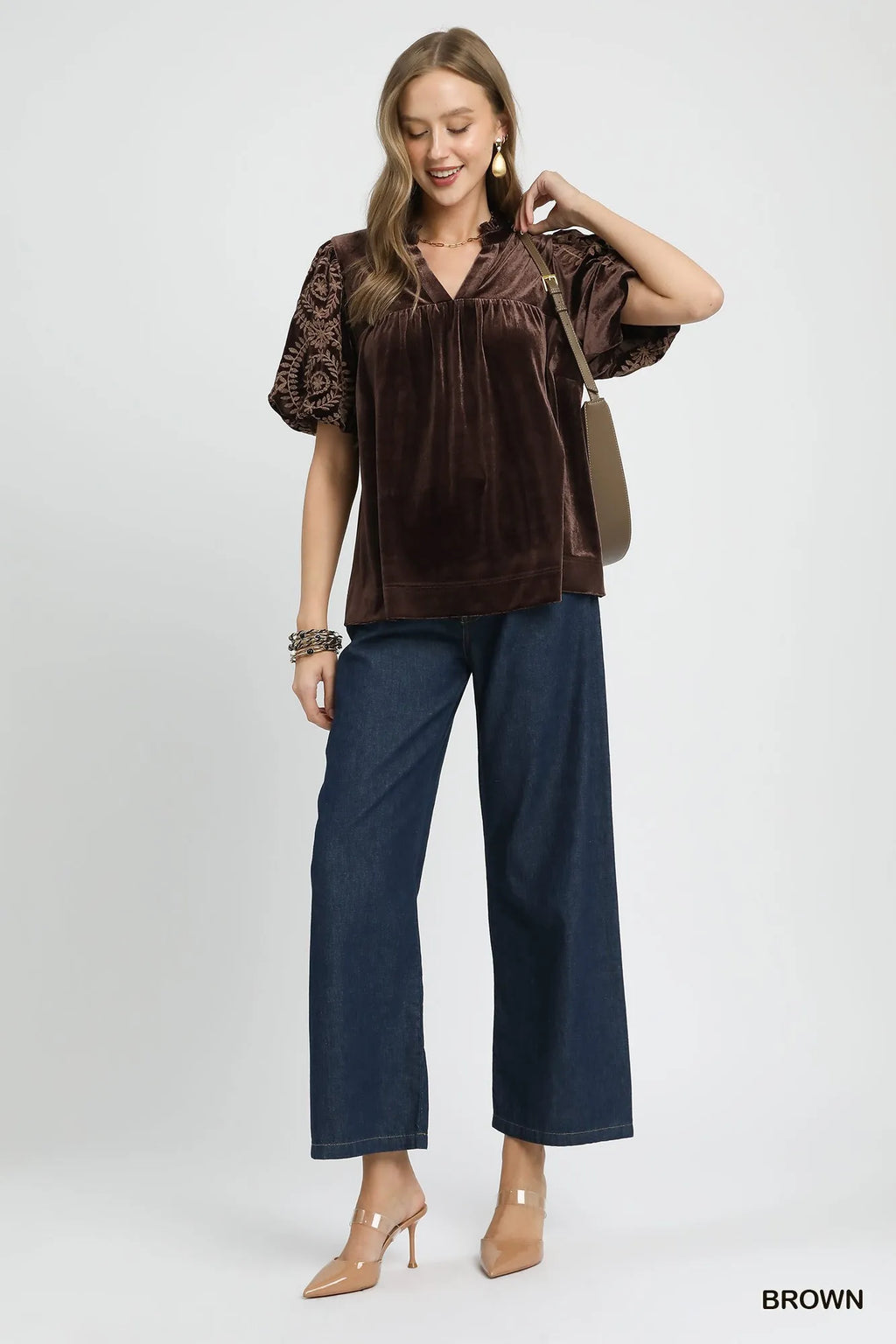 Bohemian Velvet Blouse with Embroidered Sleeves Brown Elegant Top