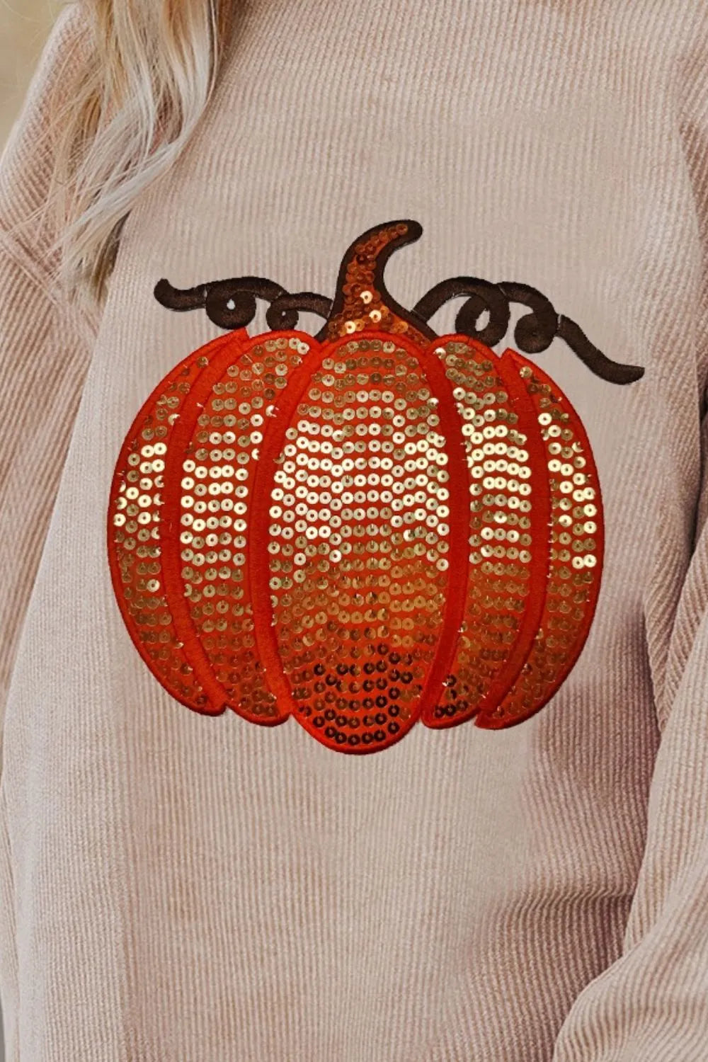 Sequin Pumpkin Round Neck Long Sleeve Sweatshirt – Festive Fall Style