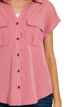 Dusty Rose Utility Blouse – Lightweight V-Neck with Chest Pockets
