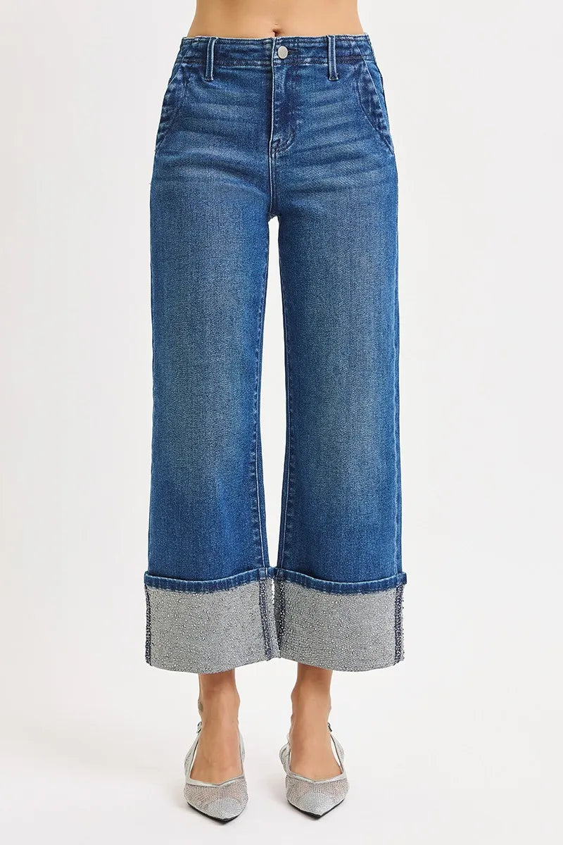 High Rise Ankle Rhinestone Cuffed Jeans – Trendy Cropped Denim