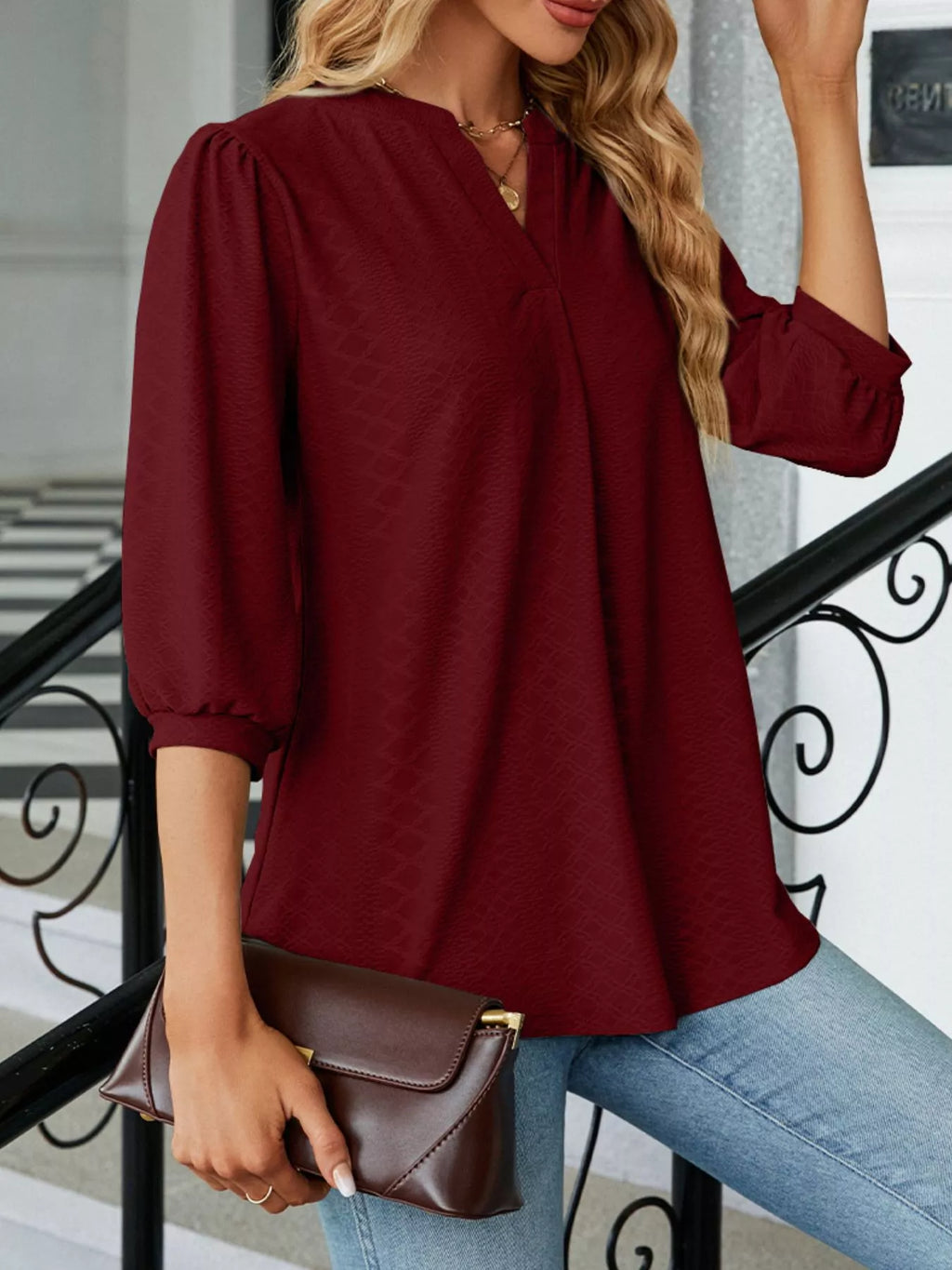 Notched 3/4 Sleeve Casual Top – Effortless Everyday Style