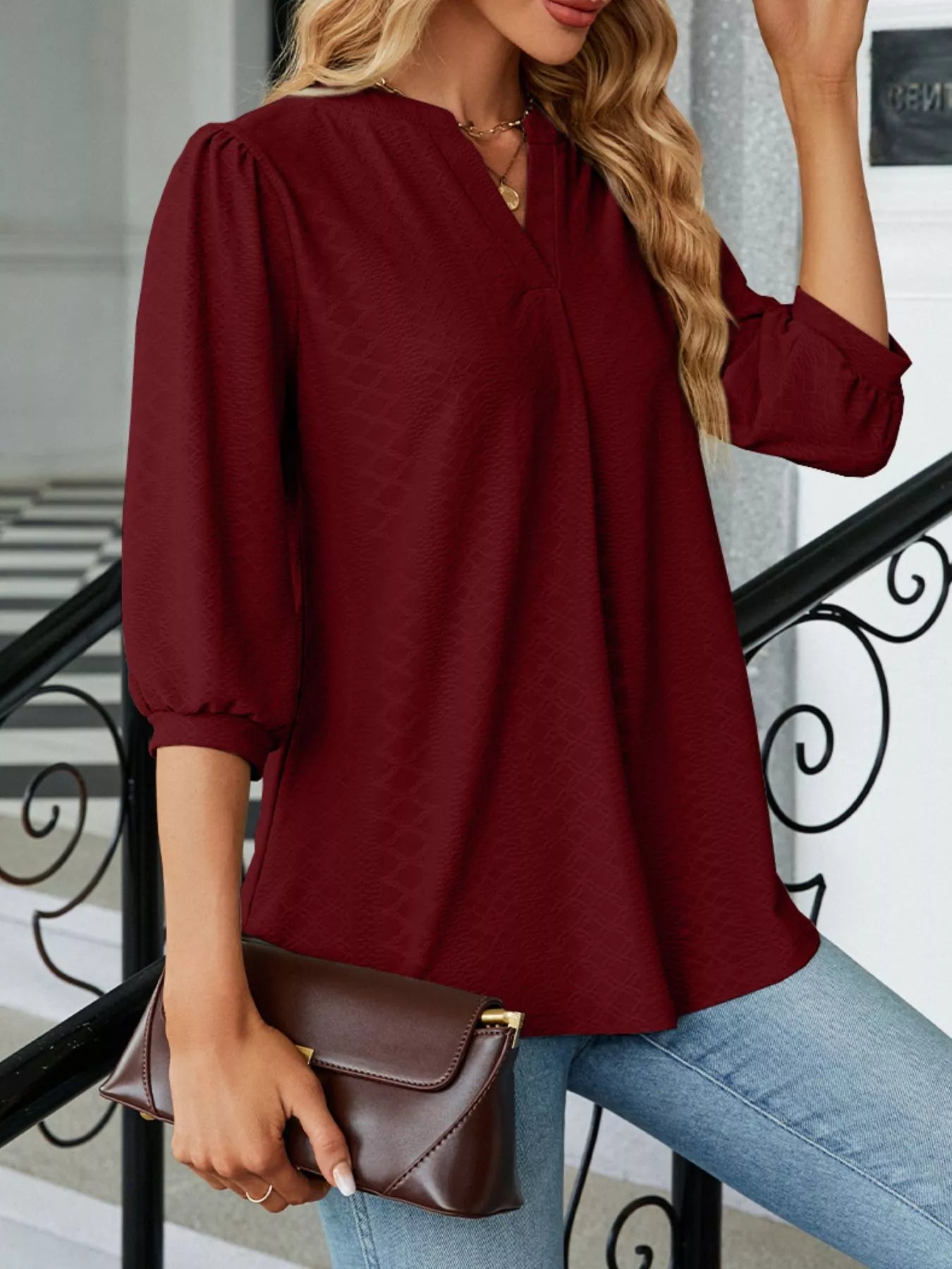 Notched 3/4 Sleeve Casual Top – Effortless Everyday Style