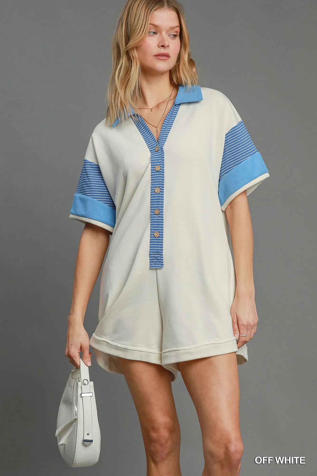 French Terry Collared Colorblock Romper – Chic Casual Loungewear