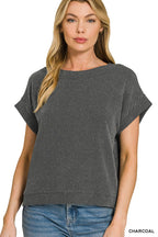 Charcoal striped raised rib cap-sleeve top with wide crew neckline