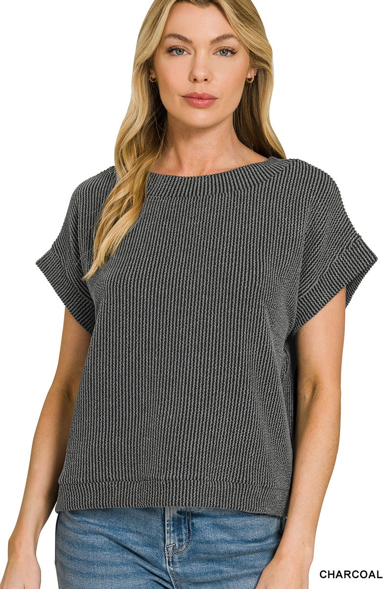 Charcoal striped raised rib cap-sleeve top with wide crew neckline