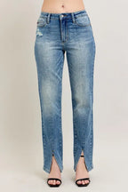 Women's high-waist straight jeans, blue wash denim with front seam and slit at hem