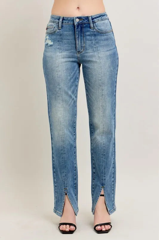 Women's high-waist straight jeans, blue wash denim with front seam and slit at hem