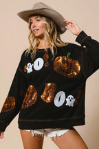 Halloween Sequin Pumpkin & Ghost Sweatshirt – Oversized Black Pullover