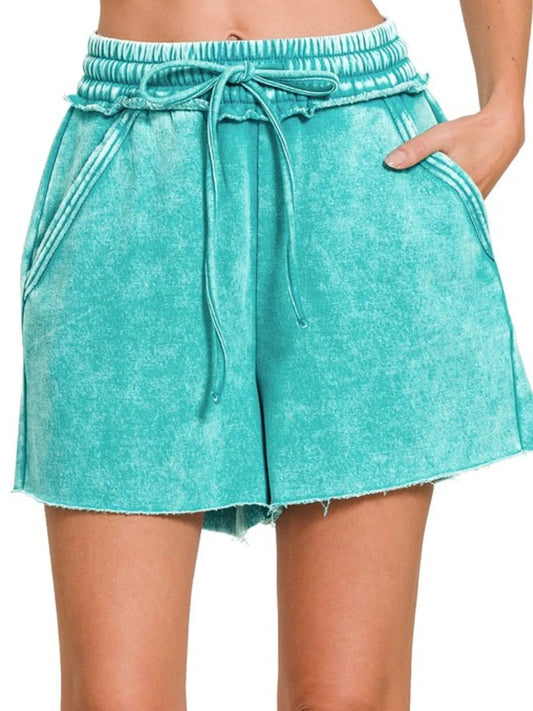 Acid Wash Fleece Shorts – Drawstring Waist, Pockets & Soft Comfort