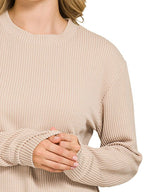 Raised Rib Round Neck Long Sleeve Top | Classic Women’s Versatile Shirt
