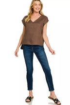 Brown women’s linen V-neck sleeveless top with V-neck front