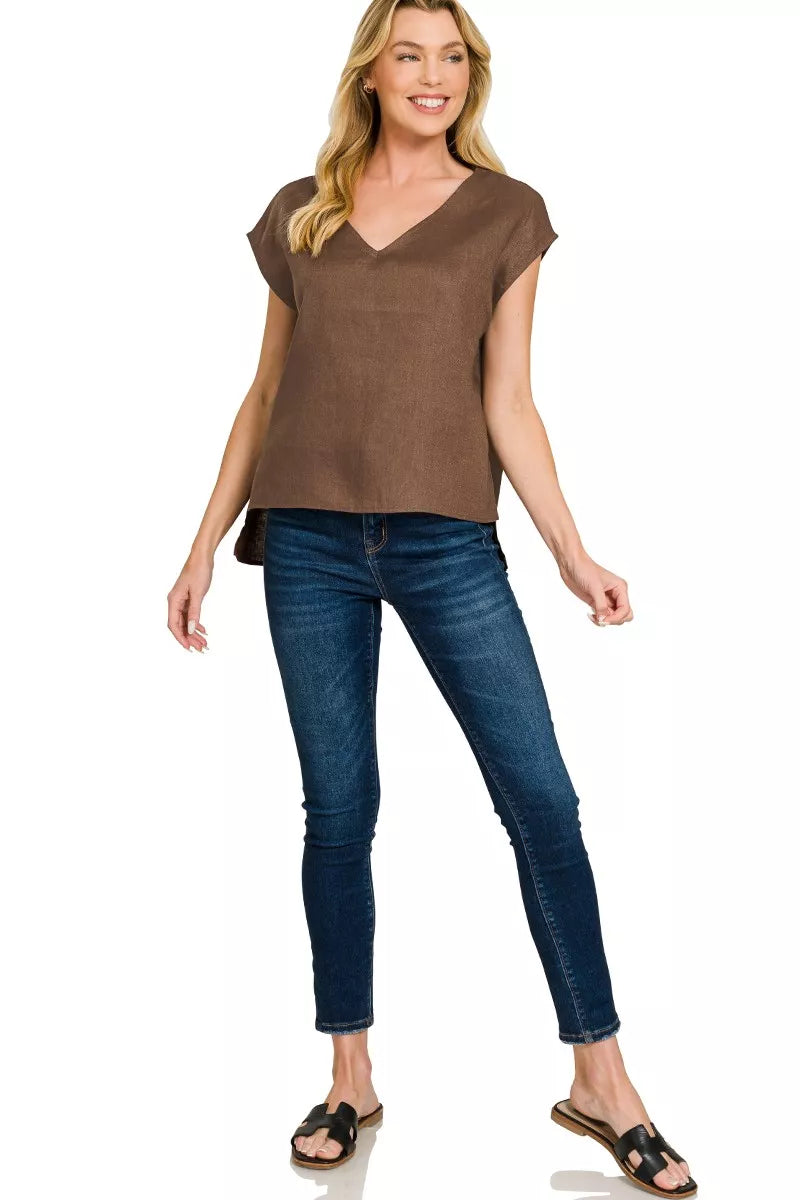 Brown women’s linen V-neck sleeveless top with V-neck front