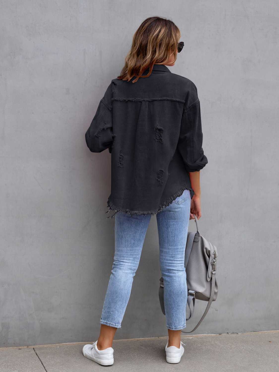 Distressed Drop Shoulder Denim Jacket – Casual Oversized Style