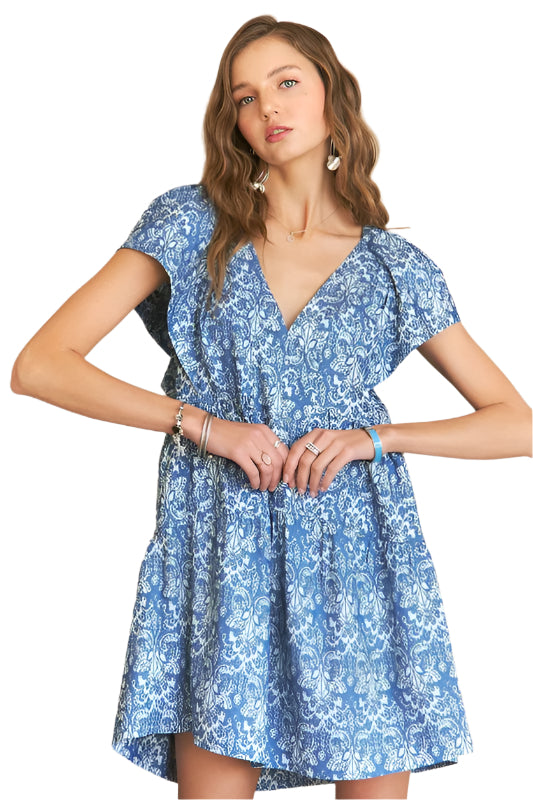 ADORA Printed V-Neck Ruffle Sleeve Mini Dress
