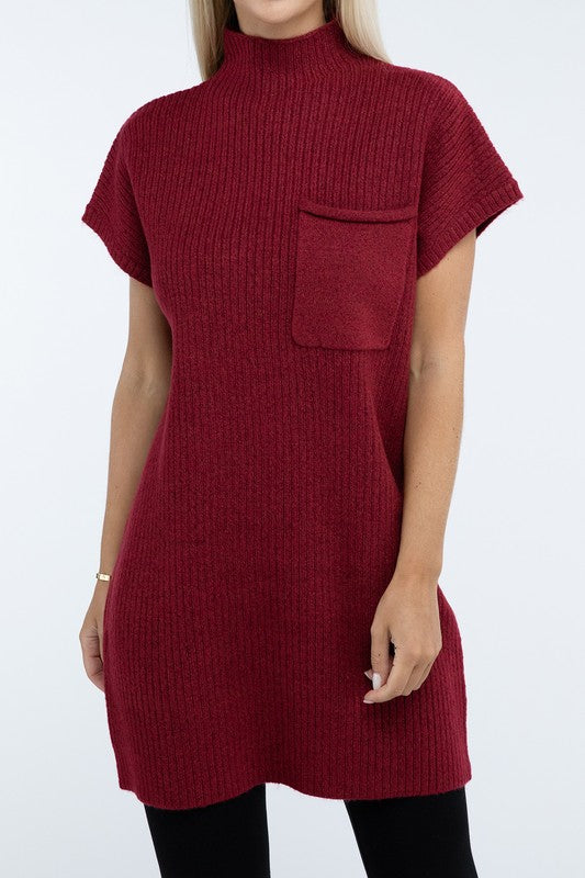 Zenana Mock Neck Short Sleeve Sweater Dress with Pocket