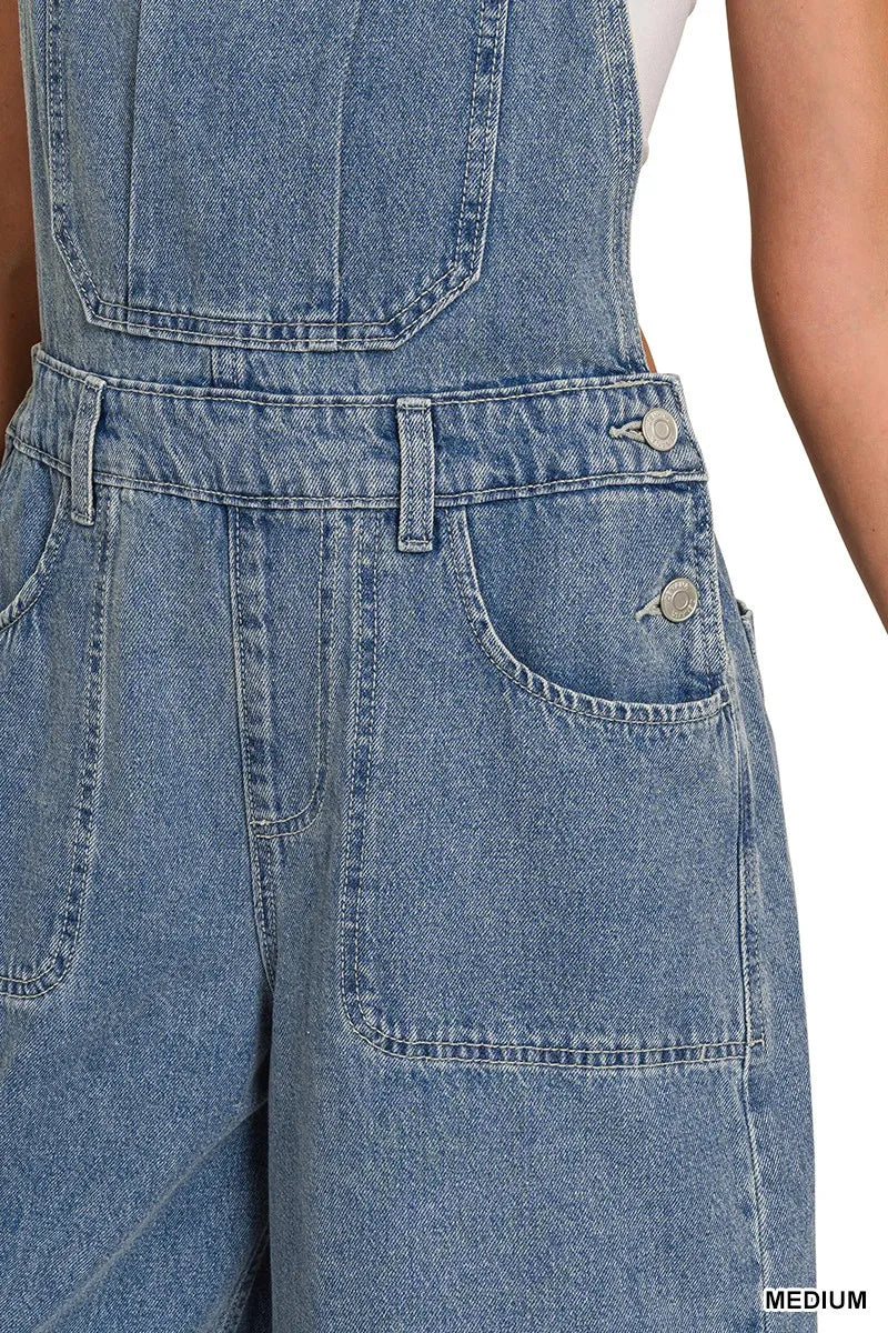 Medium Washed Wide Leg Denim Overalls | Women’s Retro Casual Jeans