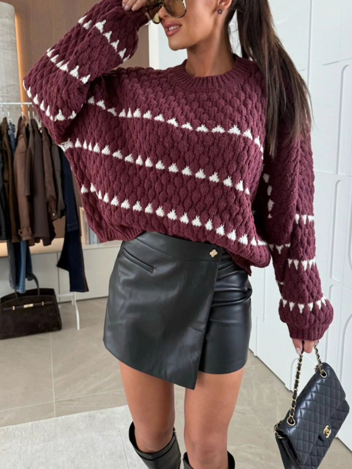 Chunky Knit Striped Sweater with Balloon Sleeves – Cozy Chic Style