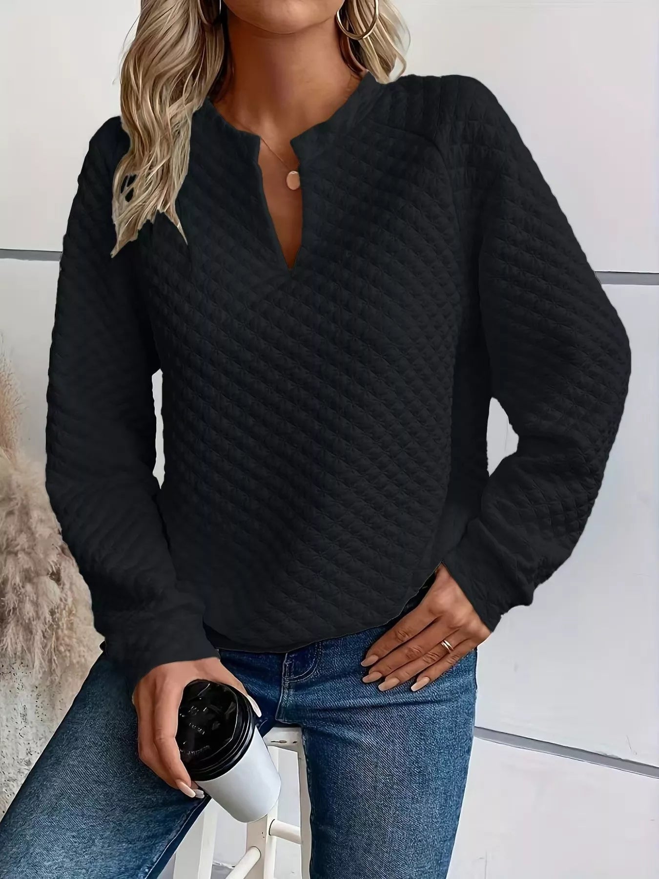 Notched Raglan Sleeve Sweatshirt – Casual Cozy Pullover