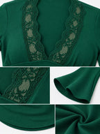 Green lace-trim V-neck long sleeve tee details: lace yoke and flared cuff