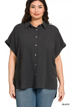 Black button-down blouse with short sleeves, pointed collar, front buttons, chest pocket
