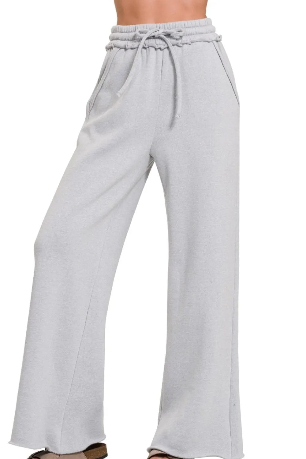 Heather Gray Wide-Leg Pants – High Waist, Drawstring & Cotton Blend